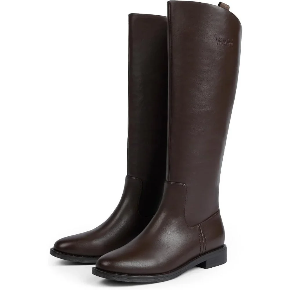Women's A-chocolate Rounded Toe Flat Low Chunky Zip Heel Knee High Boots